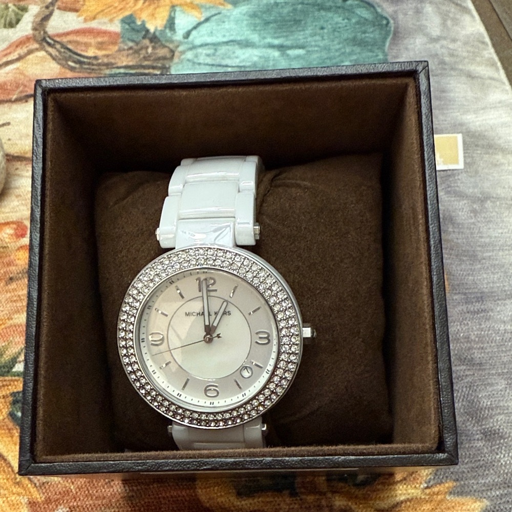 Michael Kors White and Silver Watch with Crystal Accents